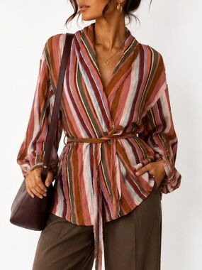 Nordstrom Striped Belted Wrap Jacket S Boho Coastal Resort Lightweight